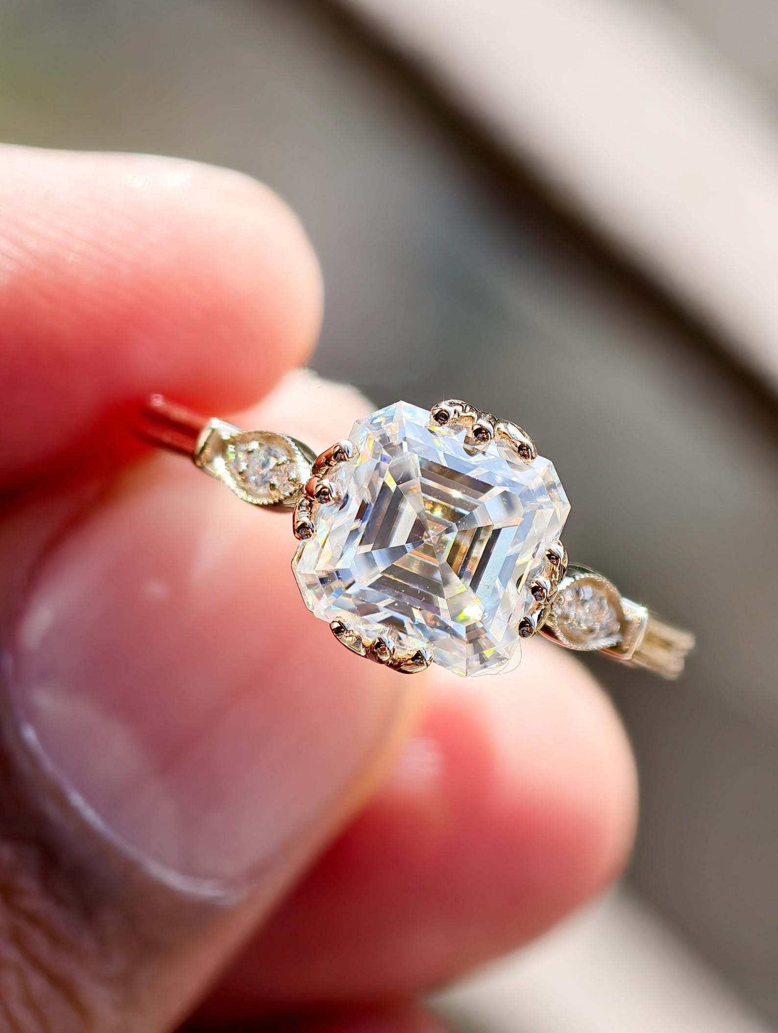 Yellow Gold Engagement Ring Asscher Cut Diamond Vintage Looking Fishtail Prong Style.
