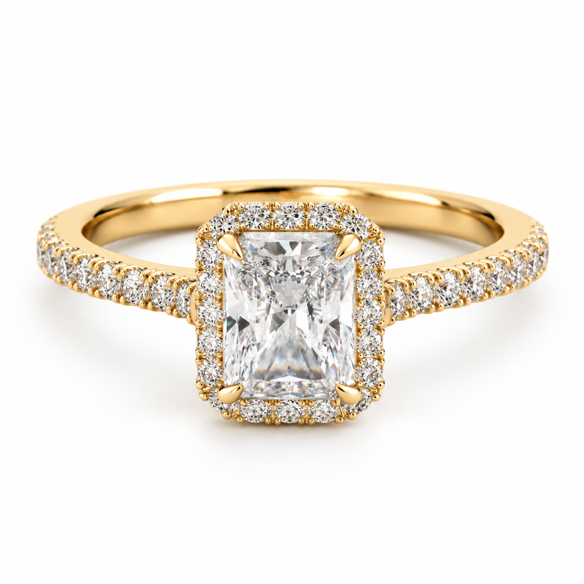 18K yellow gold radiant cut diamond halo engagement ring with sparkling pavé diamond accents