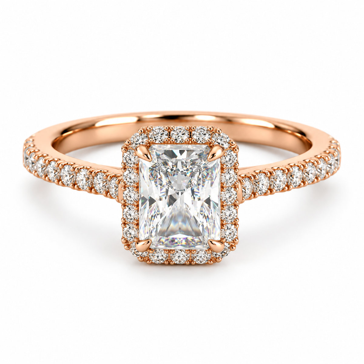 18K rose gold radiant cut diamond halo engagement ring with pavé diamond band, polished setting, and luxury bridal design