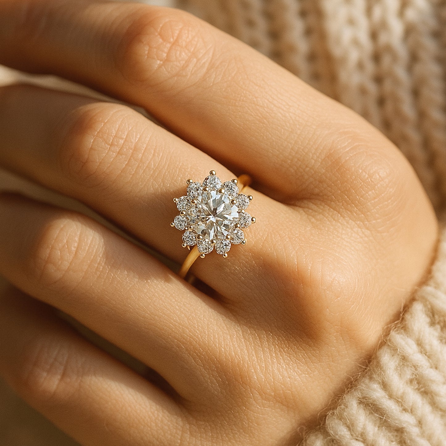 Luxury Wedding Band 10K Yellow Gold Moissanite Floral Halo Ring Showcasing Diamond-Equivalent Sparkle