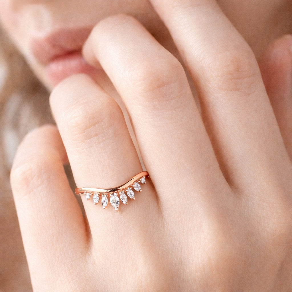 Elegant Curved Wedding Band With Marquise Cut Diamond Or Moissanite
