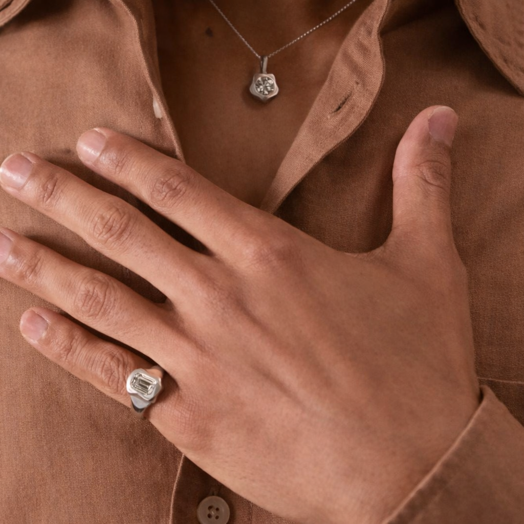 Round Cut Diamond Mens Wedding Band Gold Signet Ring Custom Men's Wedding Band.
