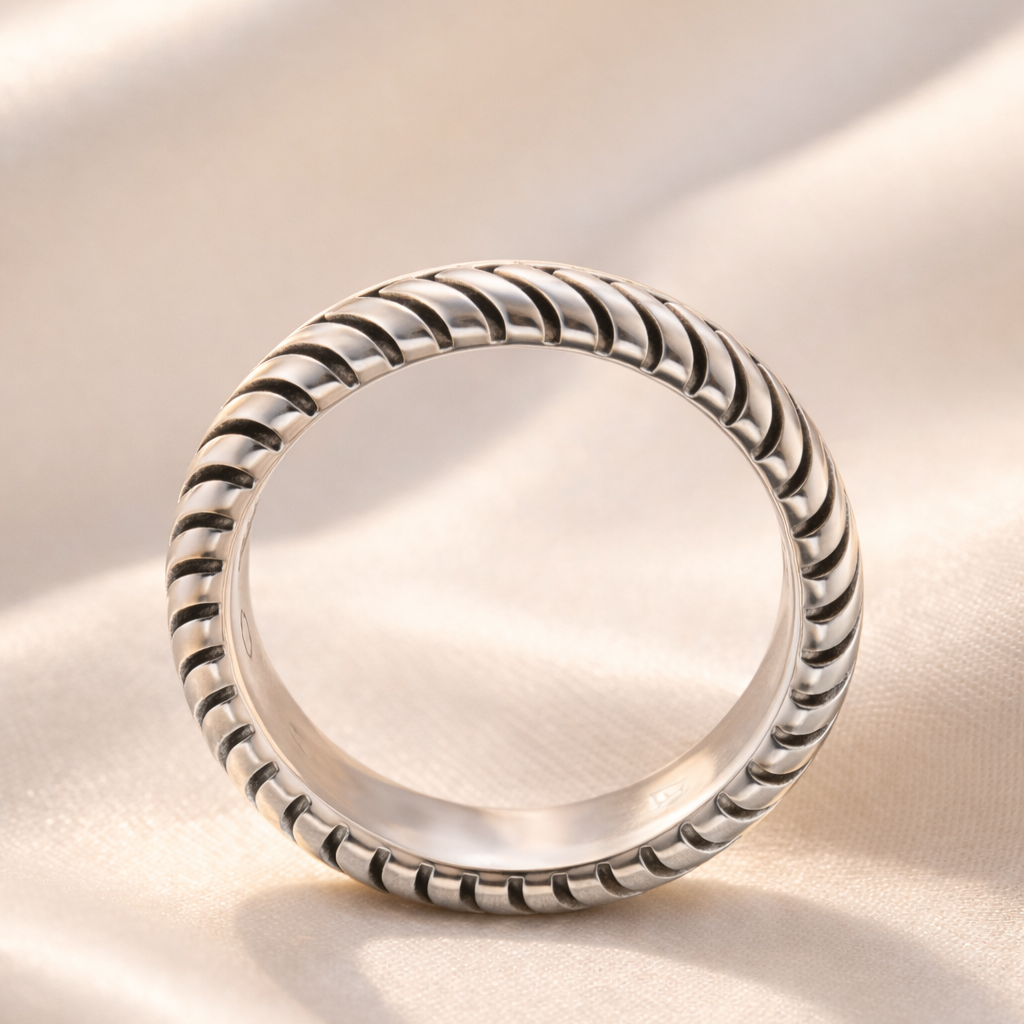White Gold Men’s Wedding Band With Chevron And Double Helix Pattern
