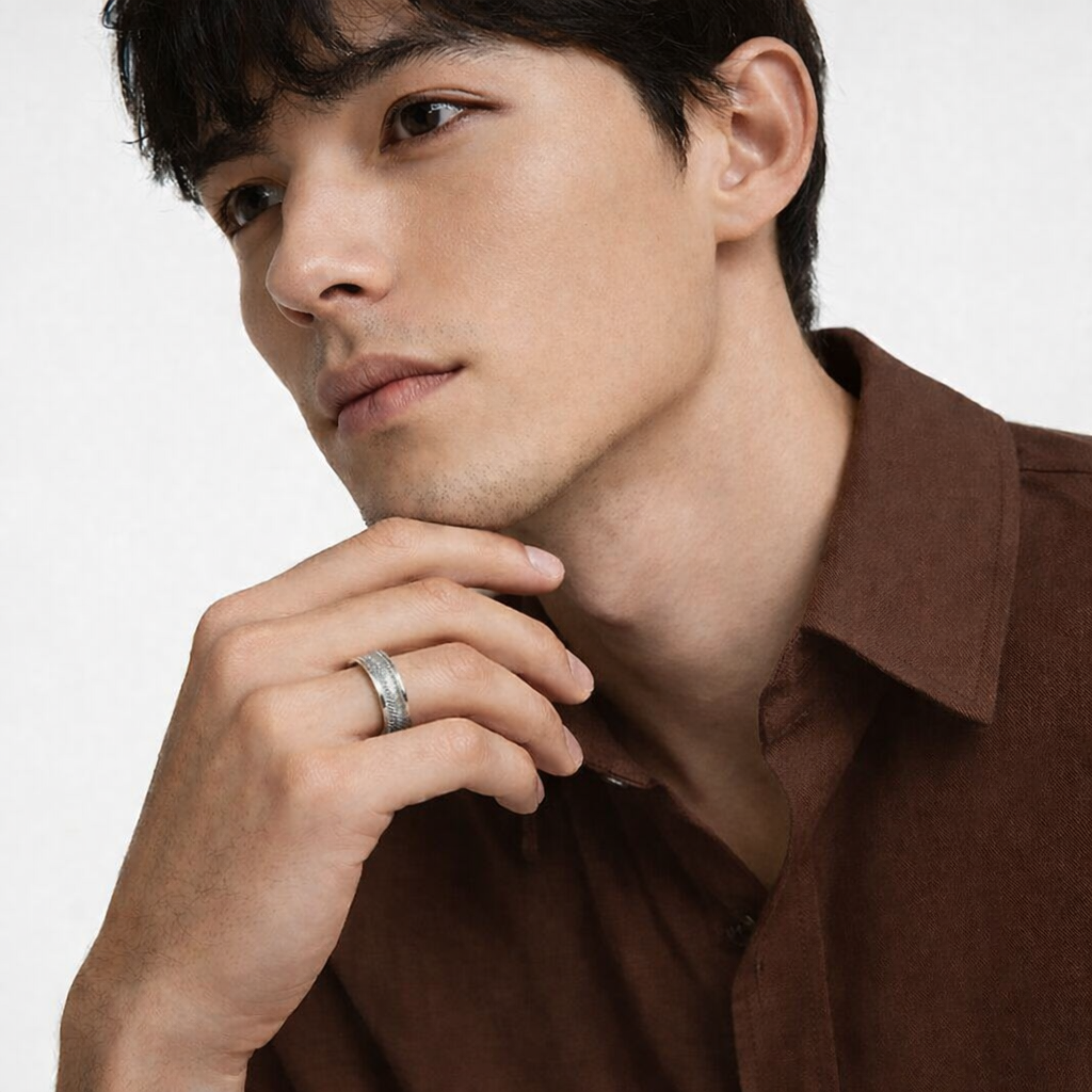 Sterling Silver Mens Ring With Vintage V Shaped Milgrain Wedding Band Design
