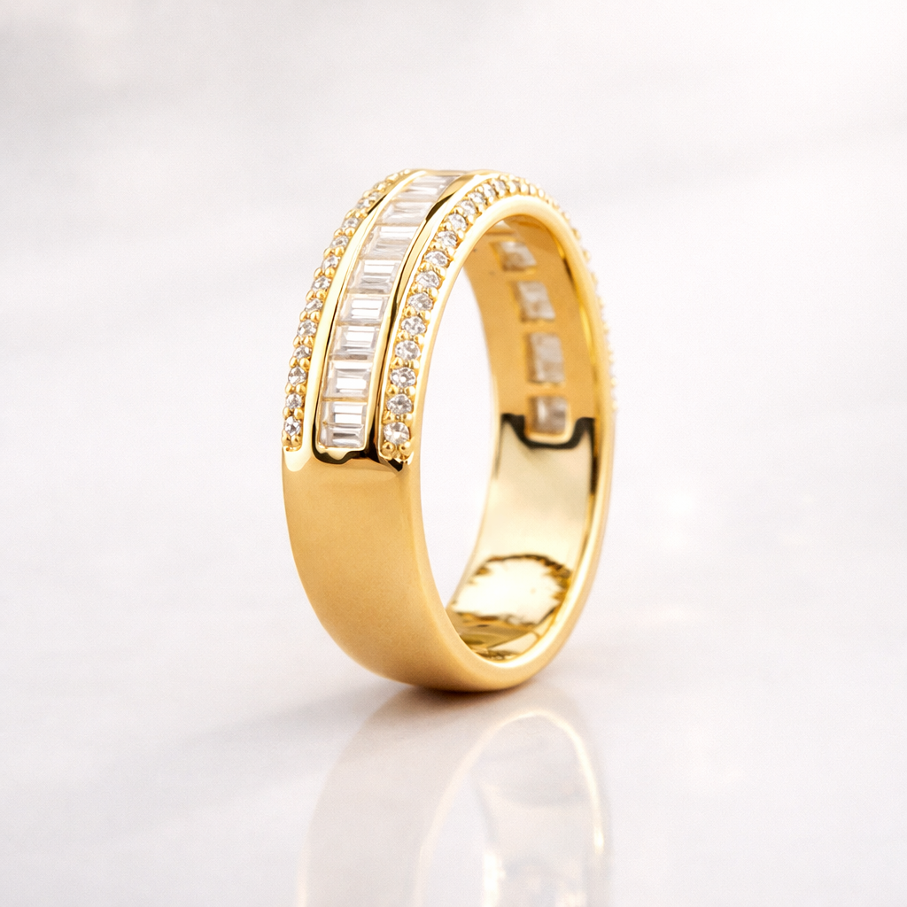 Yellow gold three row diamond band for women
