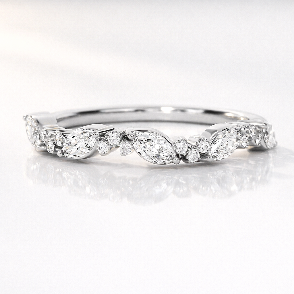 Curved marquise and round cut anniversary band
