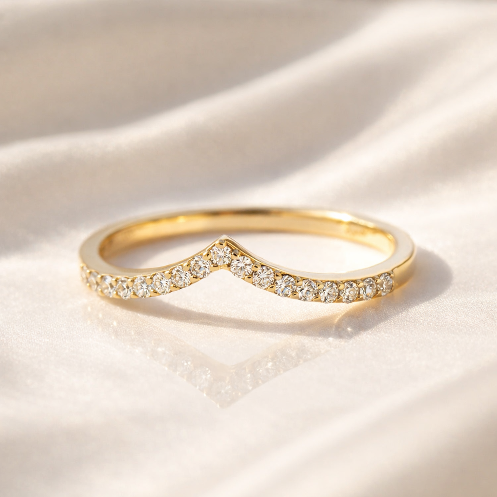 V Shaped Wedding Band In Yellow Gold With Round Cut Diamond Or Moissanite