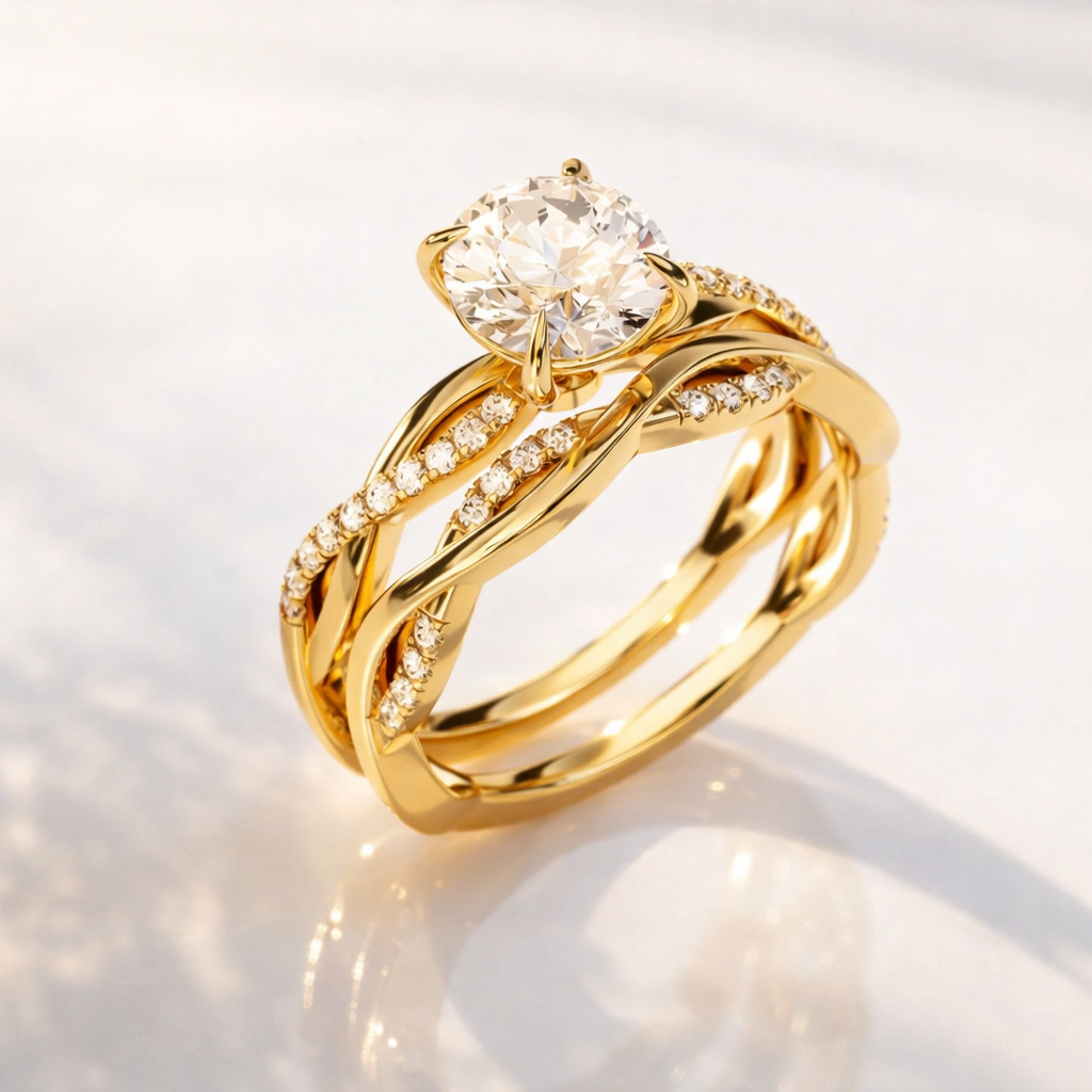 White gold twisted band engagement ring set
