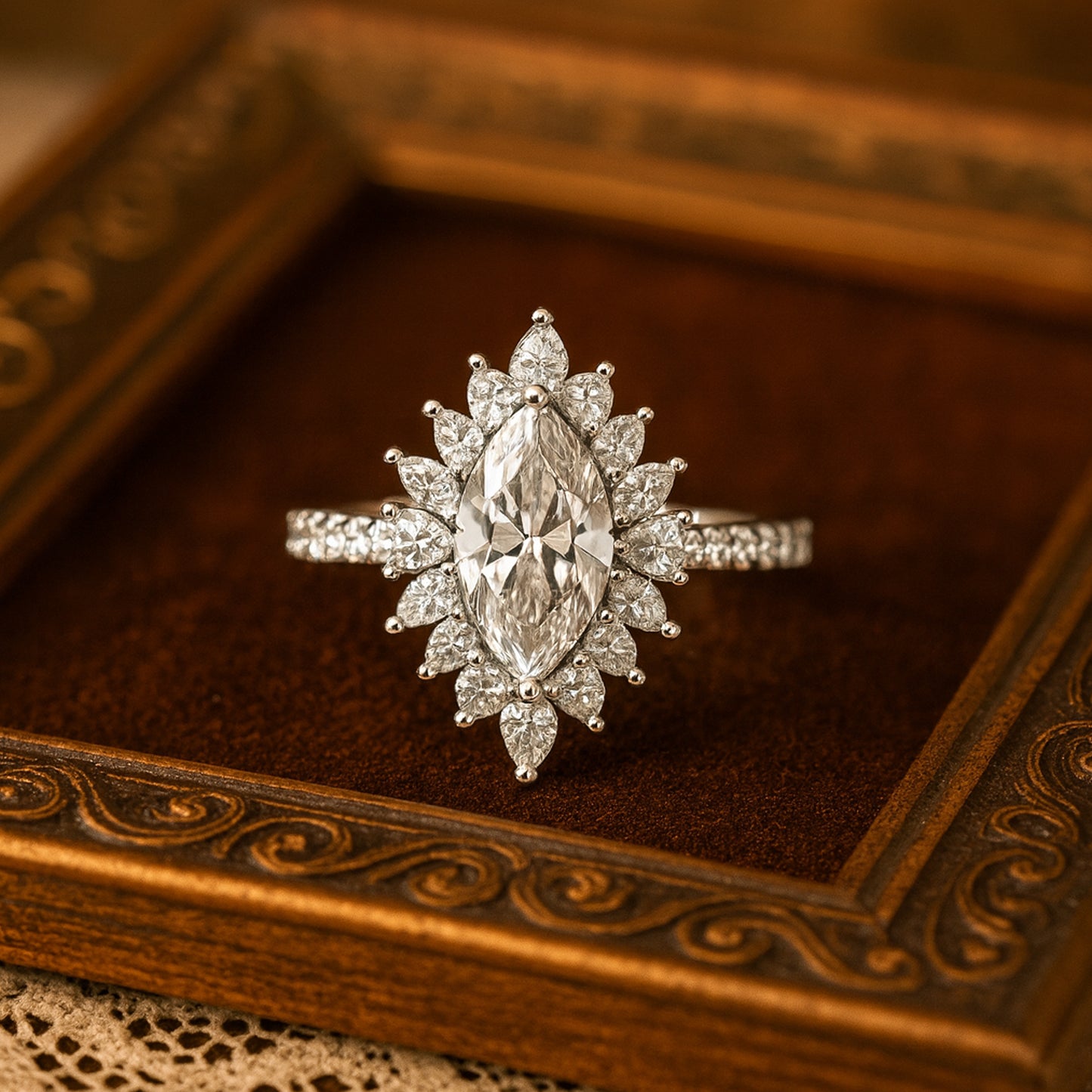 Marquise Cut Moissanite Cluster Ring, December Birthstone Engagement Jewelry With Elegant Gold Setting