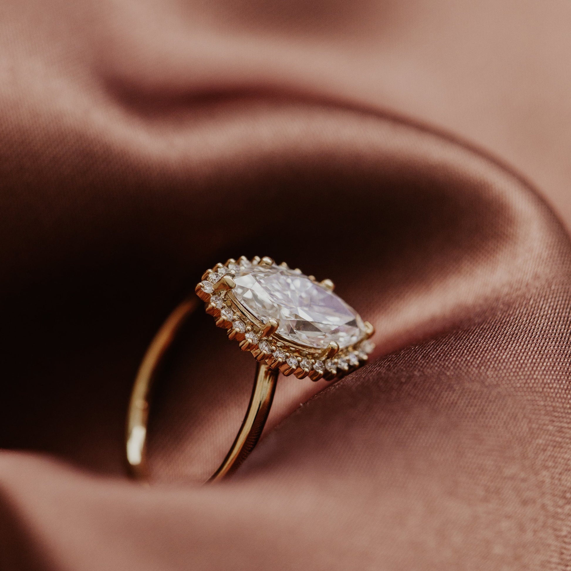 Moissanite Marquise Halo Engagement Ring, Birthstone Fine Jewelry With 14K Gold And Elegant Setting 