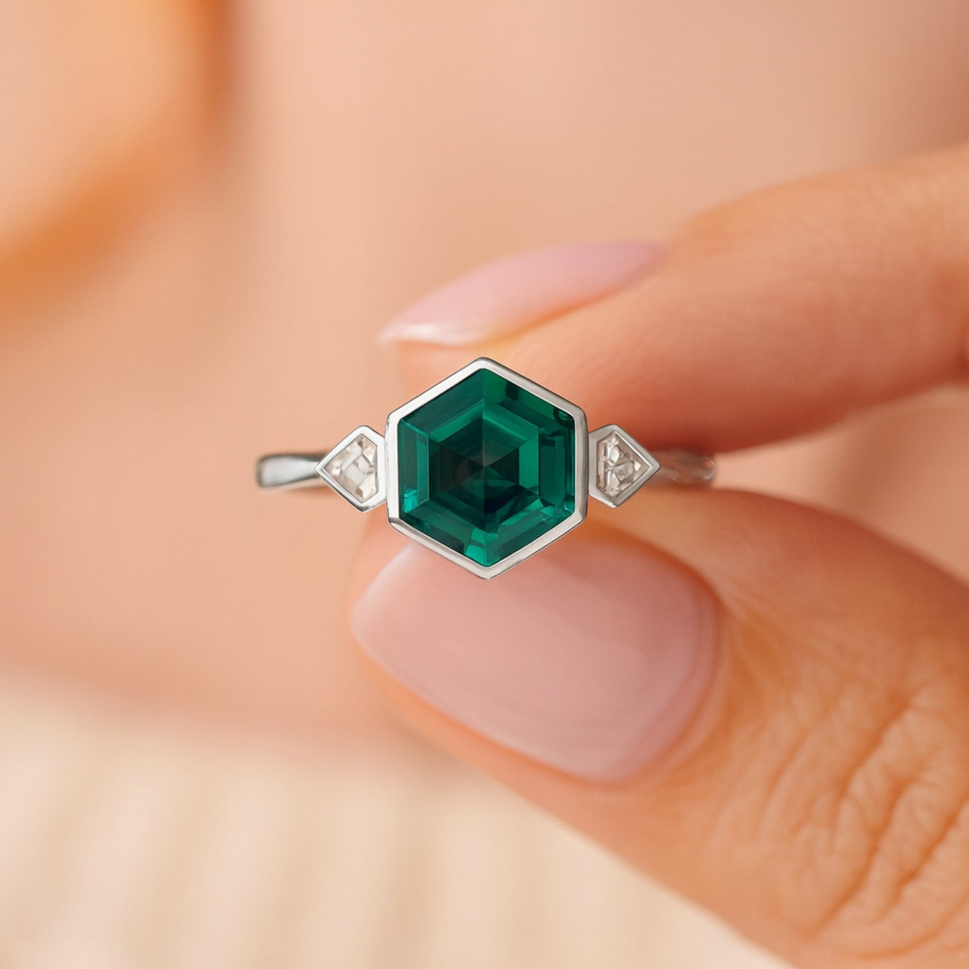 Hexagon Cut Green Emerald Ring, Birthstone Fine Gemstone Jewelry With Diamond Accents And Vivid Green Color