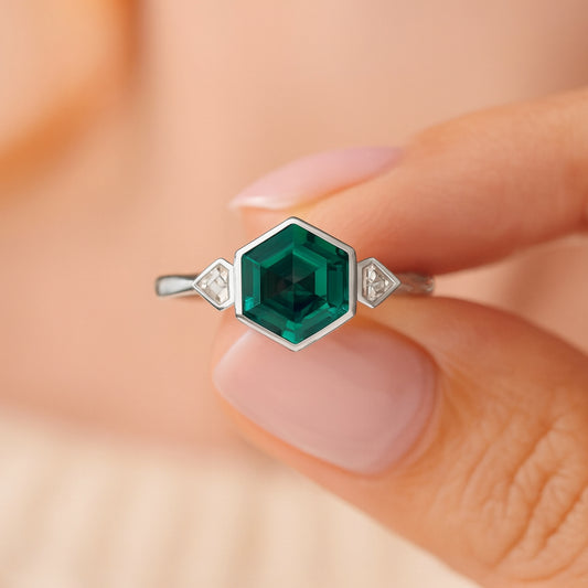 Hexagon Cut Green Emerald Ring, Birthstone Fine Gemstone Jewelry With Diamond Accents And Vivid Green Color