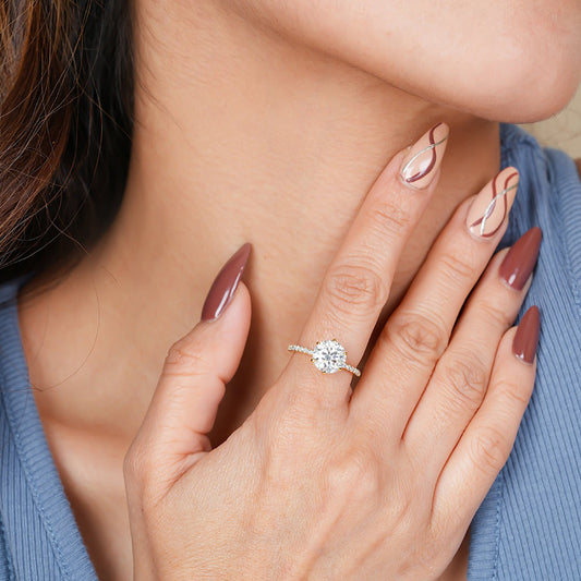 Round Cut Moissanite Ring, 1.5 Ct Pave Band 10K Yellow Gold Engagement Fine Jewelry With Sparkle