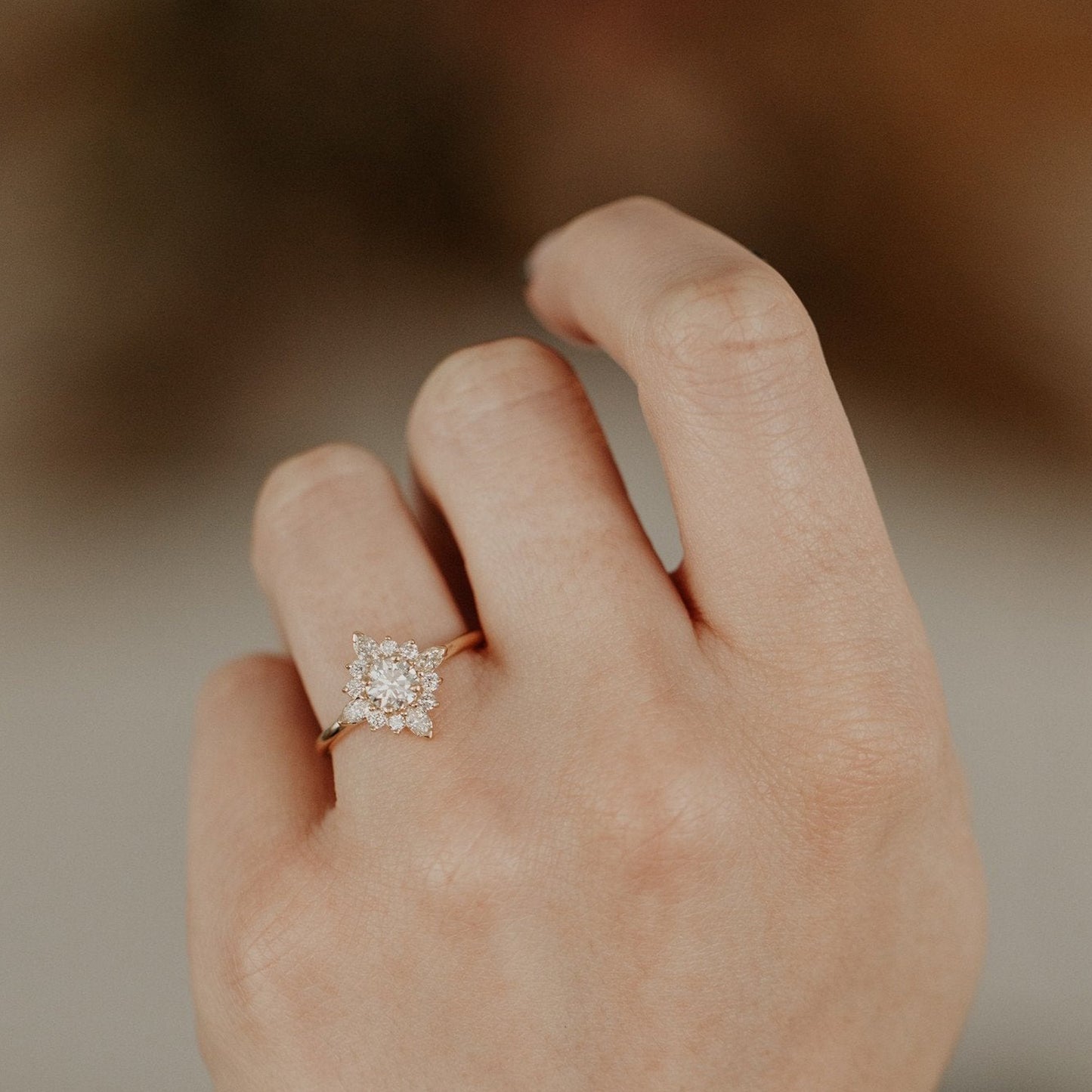 Round Cut Halo Moissanite Ring, 10K Yellow Gold Engagement Fine Jewelry With Floral Band And Fire 