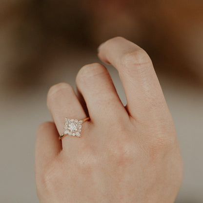 Round Cut Halo Moissanite Ring, 10K Yellow Gold Engagement Fine Jewelry With Floral Band And Fire 