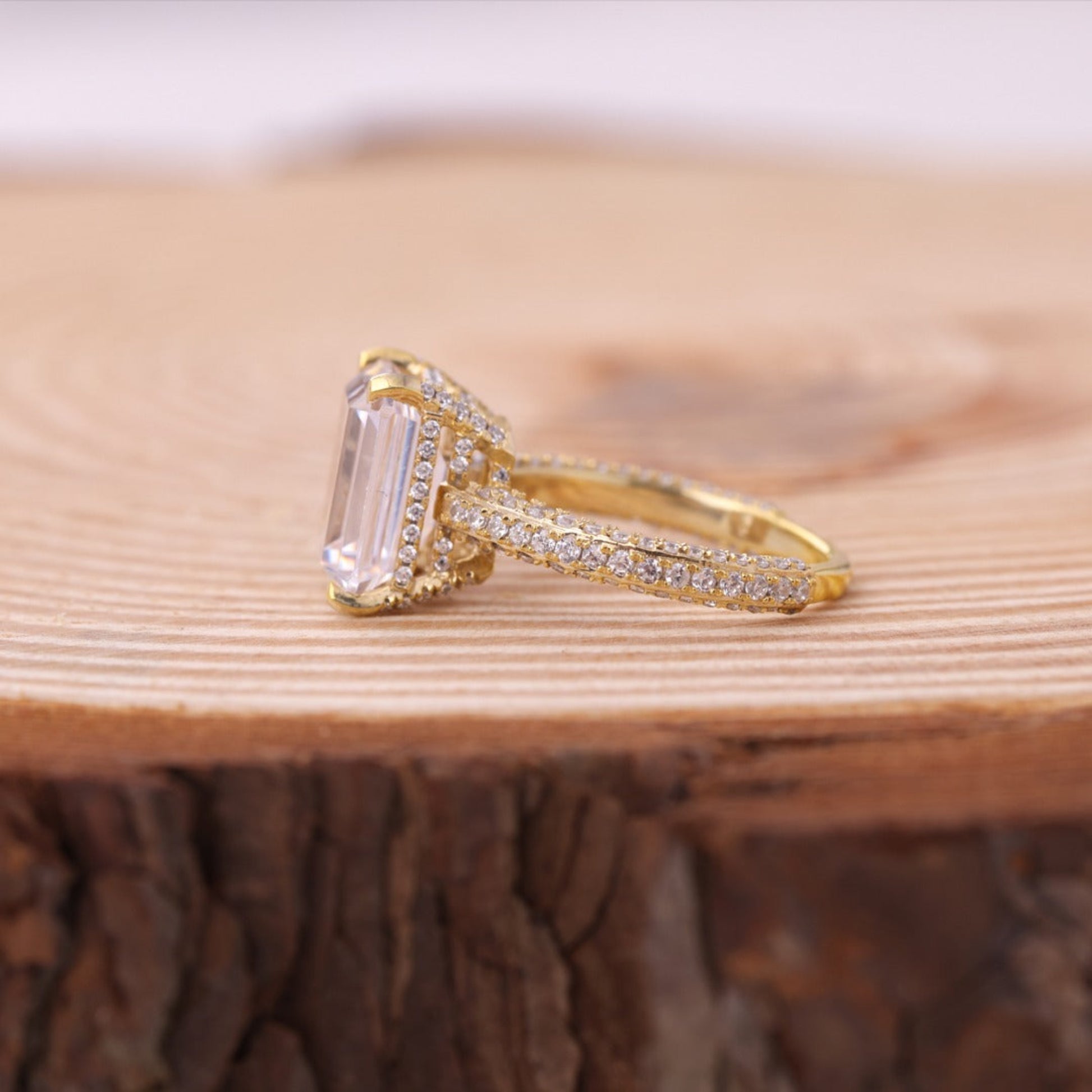 Engagement Emerald Cut Ring, Moissanite Pavé Band Rose Gold Fine Jewelry With Romance