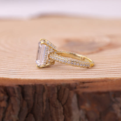 Engagement Emerald Cut Ring, Moissanite Pavé Band Rose Gold Fine Jewelry With Romance