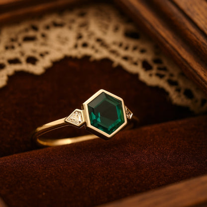Green Emerald Hexagon Cut Ring With Diamond Accents, Birthstone Fine Gemstone Jewelry And Elegant Halo Setting
