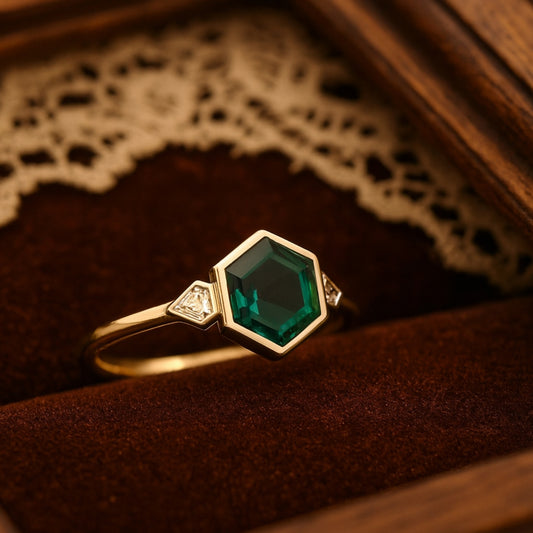 Green Emerald Hexagon Cut Ring With Diamond Accents, Birthstone Fine Gemstone Jewelry And Elegant Halo Setting