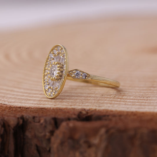 Moissanite Round Engagement Ring, Cluster Halo Yellow Gold Fine Jewelry With Brilliance