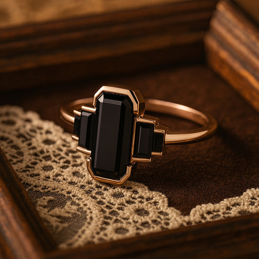 Gatsby Ring Emerald Cut Black Onyx Moissanite Art Deco Cocktail Rose Gold Vintage Statement Jewelry Gift Gemstone 
