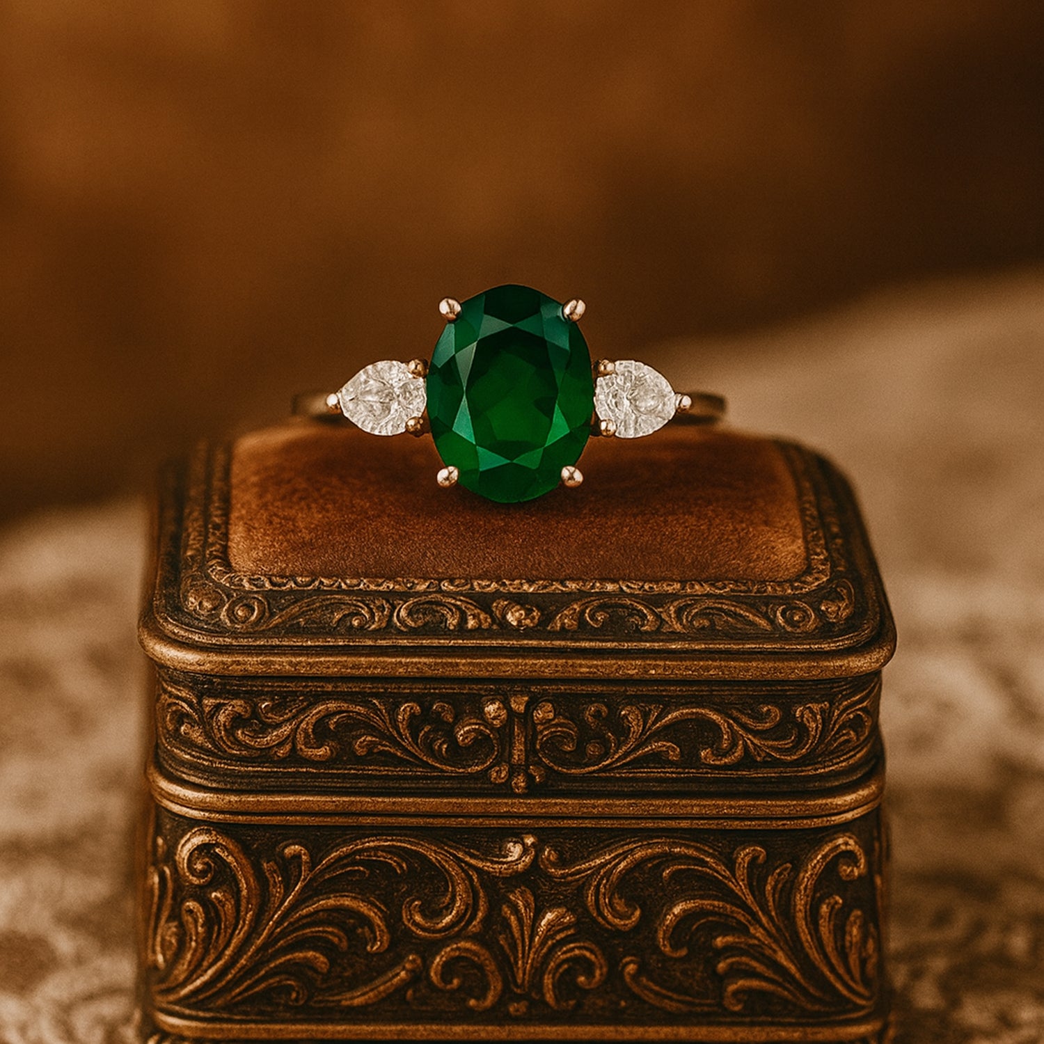 Green Oval & Pear Cut Ring, May Birthstone Gemstone Jewelry In Precious Metal Setting With Elegant Design