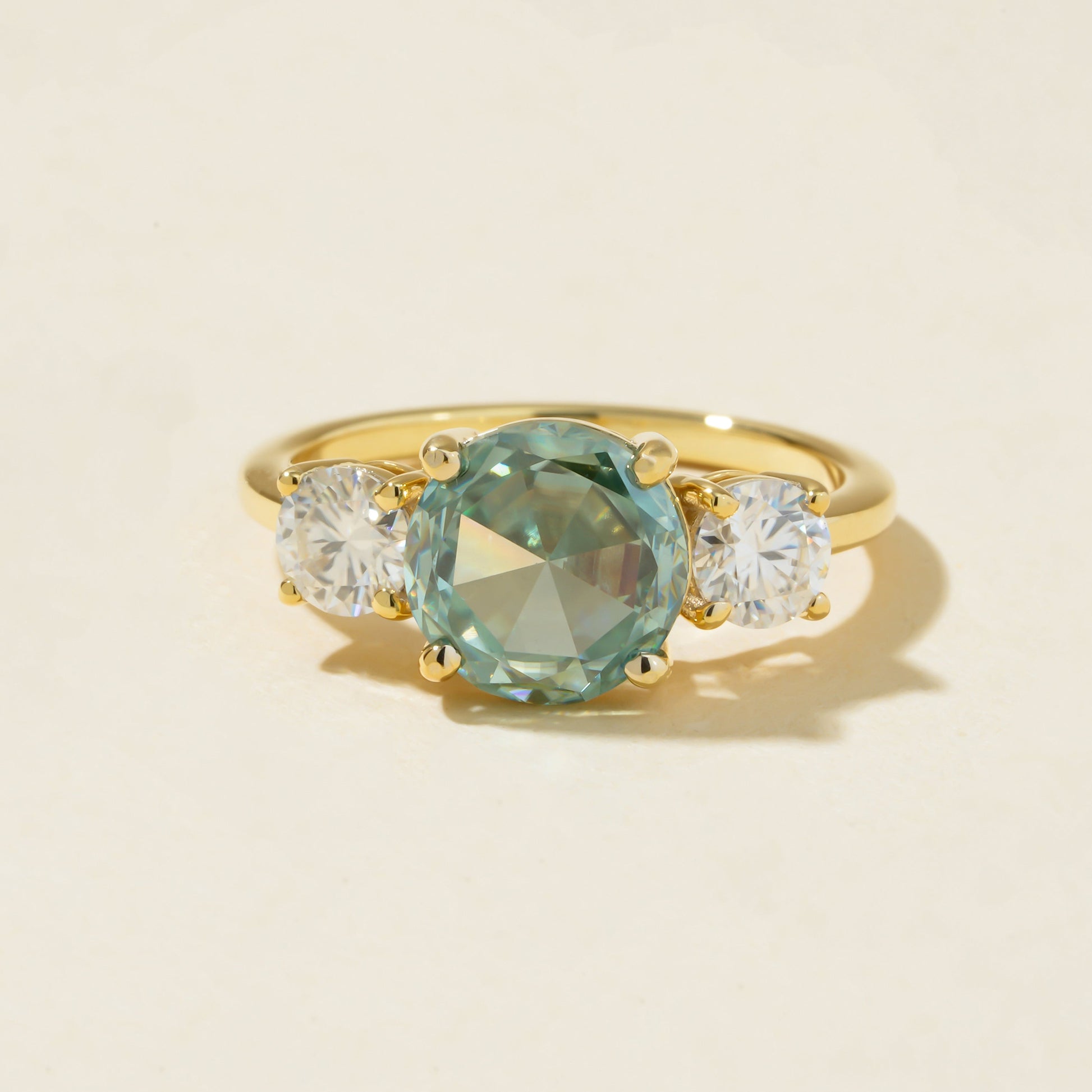 Moissanite Aquamarine Ring, Trio Stone 14K Gold Promise Engagement Fine Jewelry With Sparkle