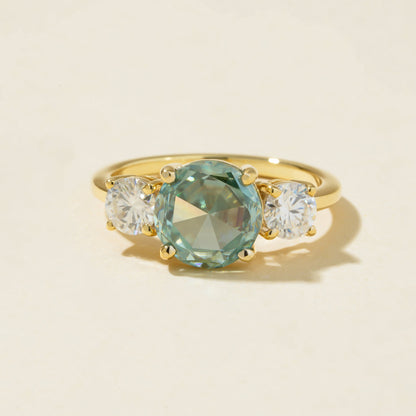 Moissanite Aquamarine Ring, Trio Stone 14K Gold Promise Engagement Fine Jewelry With Sparkle