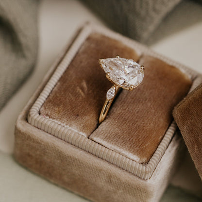 Pear Moissanite Three Stone Ring, Engagement Bridal Wedding Jewelry With Yellow Gold And Brilliant Sparkle