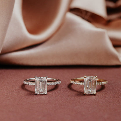 Moissanite Emerald Cut Engagement Ring, White Gold Women's Wedding Band Fine Jewelry With Step Cut Facets