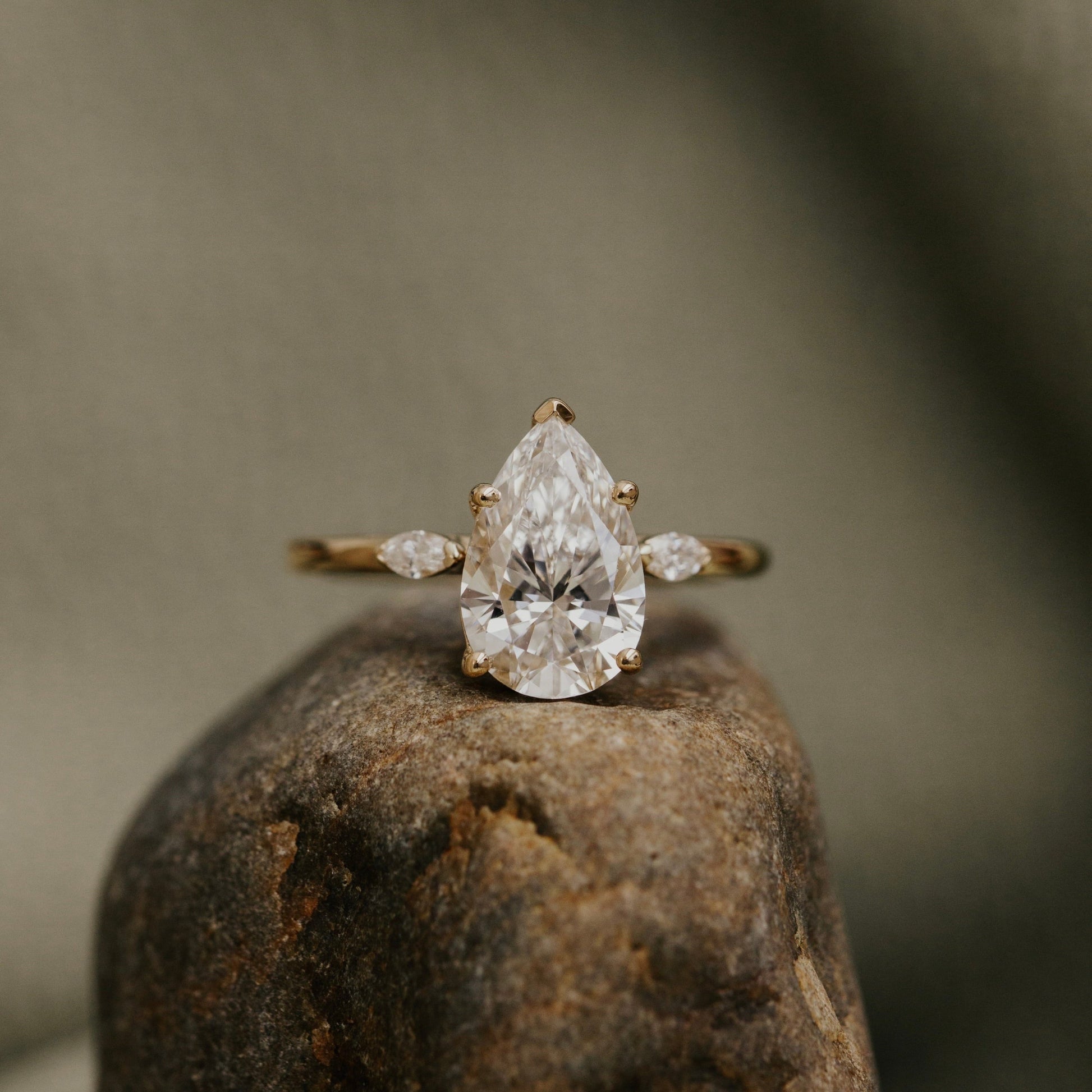 Elegant Pear Three Stone Moissanite Ring, Engagement Bridal Wedding Jewelry With Yellow Gold And Fire