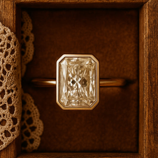 Stunning Radiant Cut Moissanite Engagement Ring With White Gold Band, Offering Brilliant Diamond-Like Sparkle For Brides.