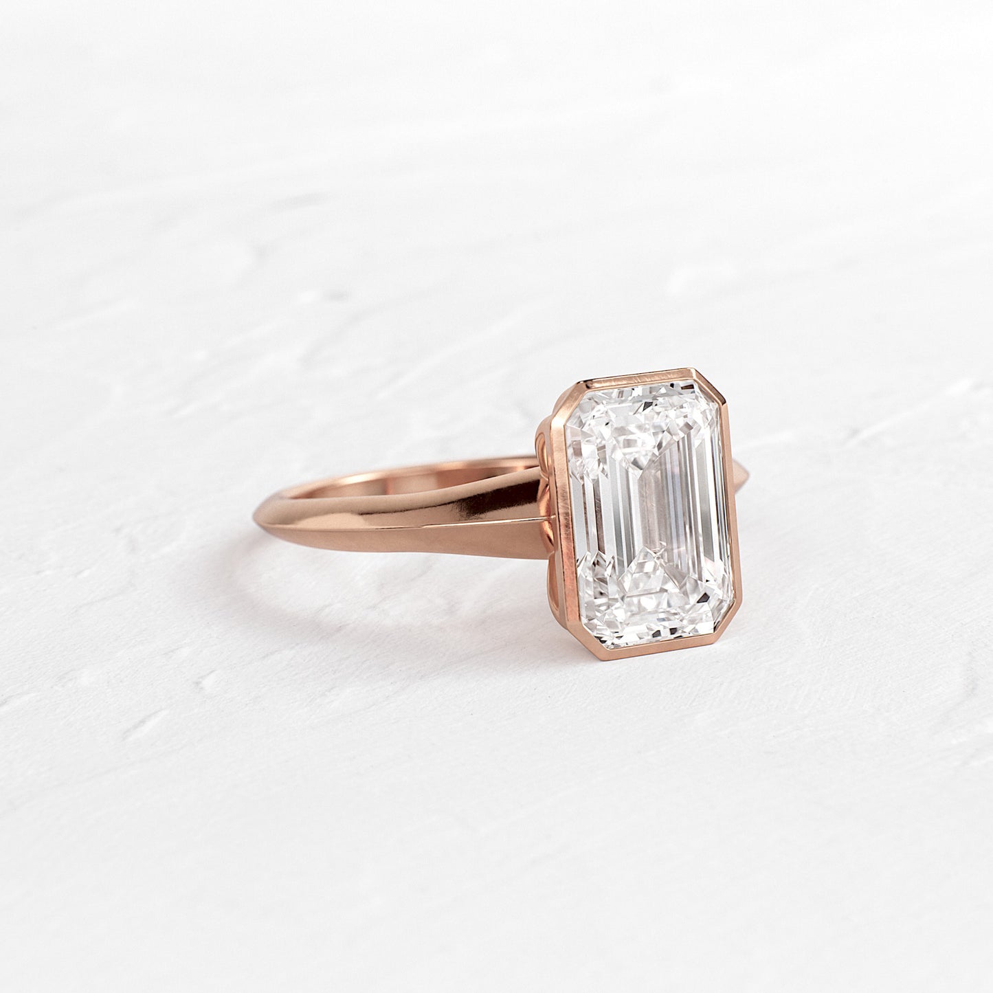 Modern Emerald Cut Ring, Moissanite Bezel Setting White Gold Engagement Fine Jewelry