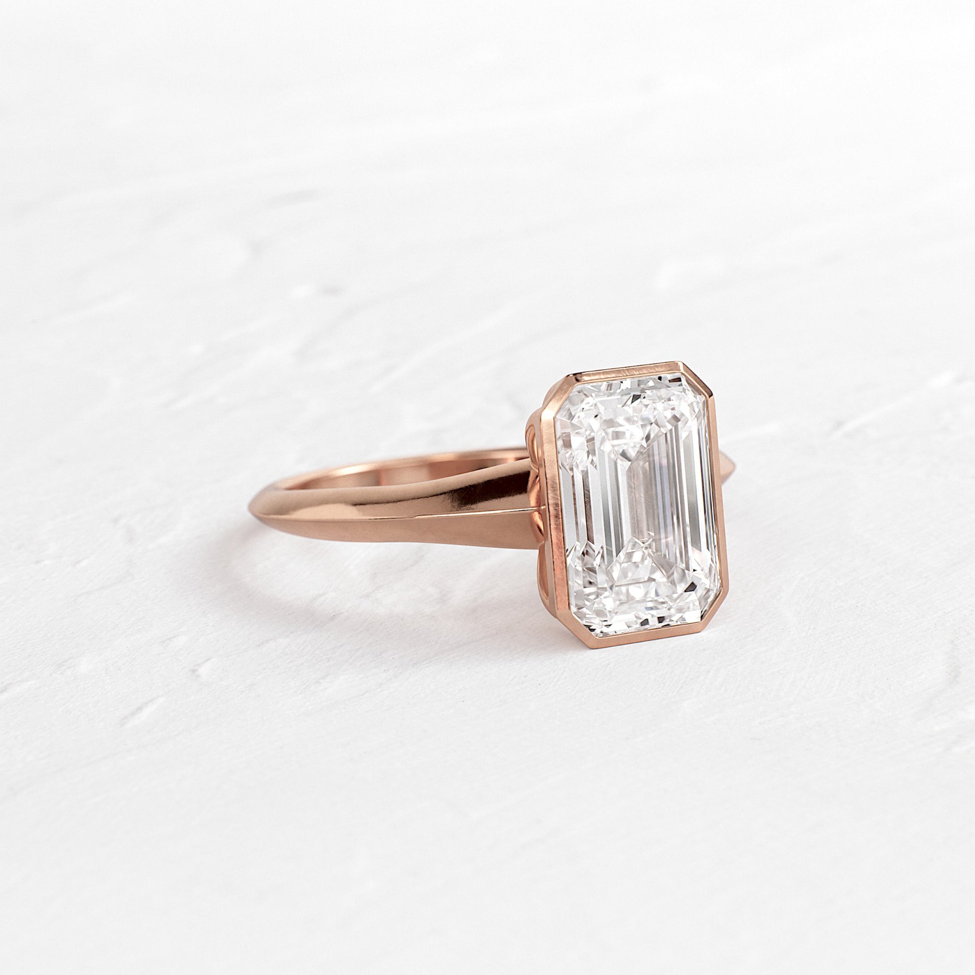 Modern Emerald Cut Ring, Moissanite Bezel Setting White Gold Engagement Fine Jewelry