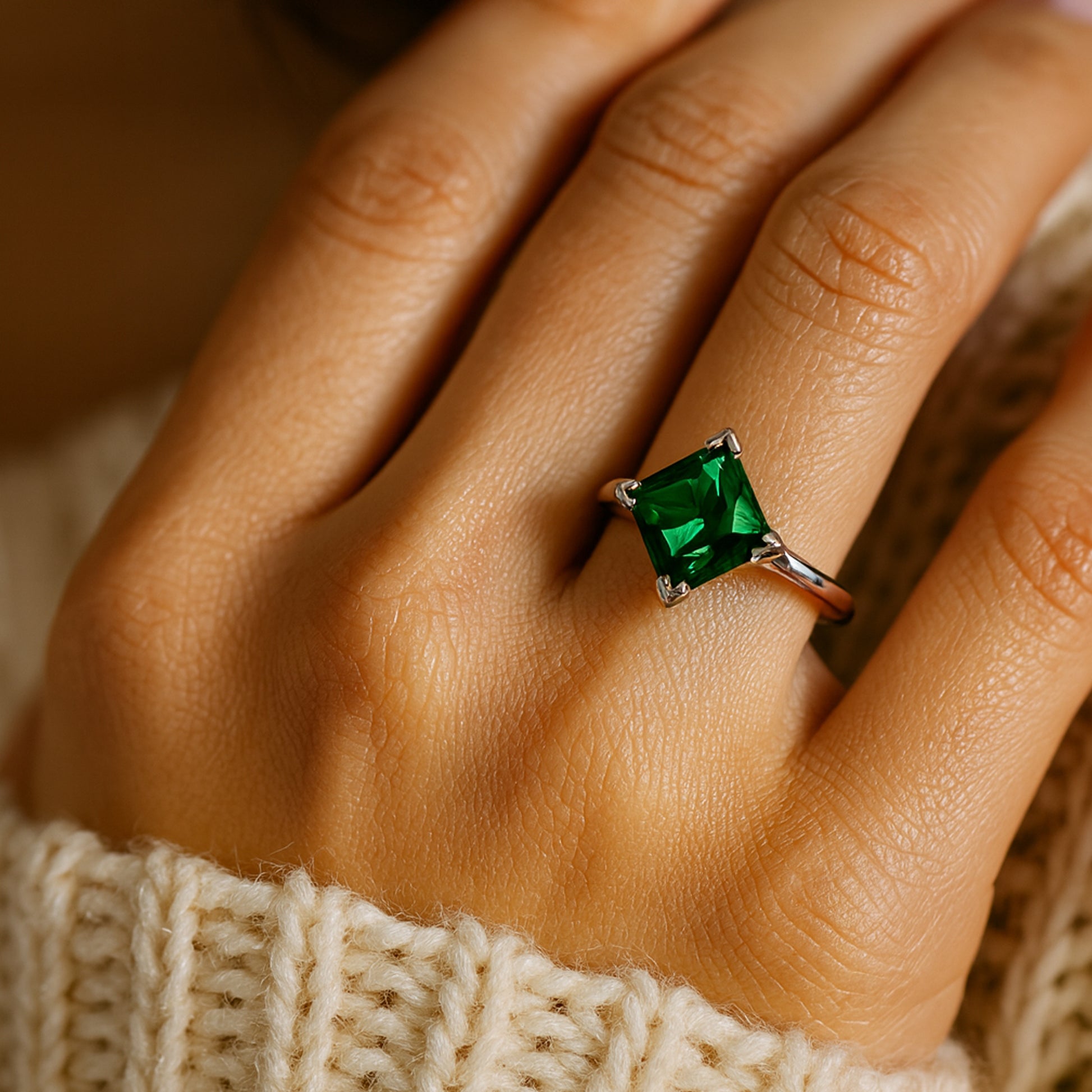 May Birthstone Princess Cut Green Stone Emerald Engagement Ring
