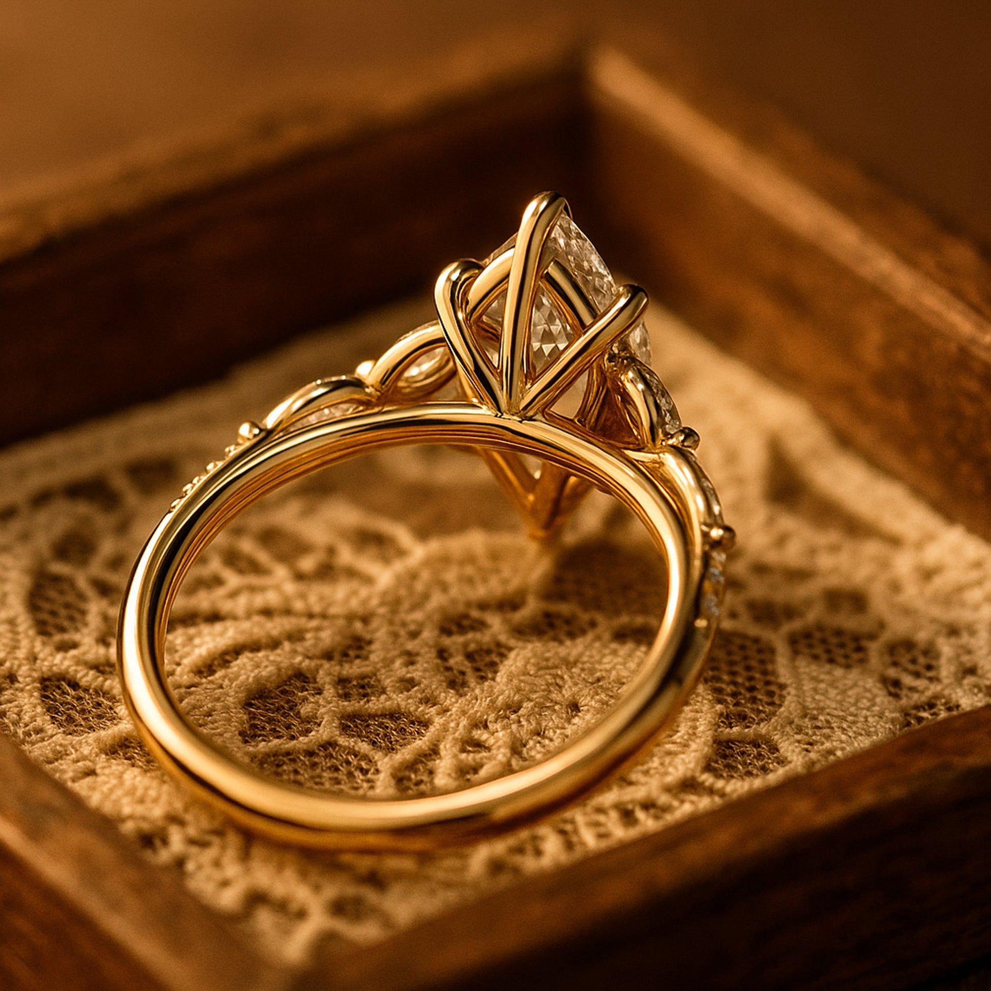 Female Engagement Ring With Marquise Cut Moissanite Center And Brilliant Side Stone Accents