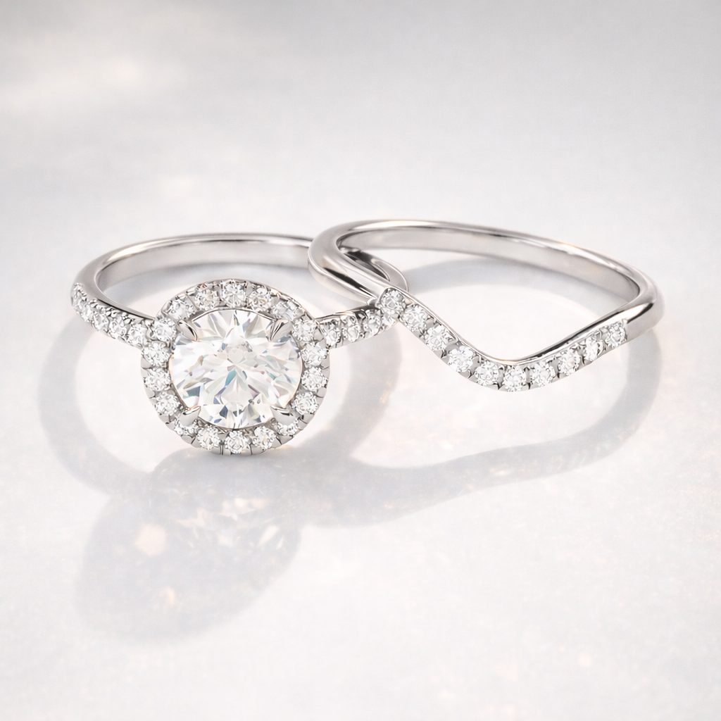 V shaped wedding band with round solitaire engagement ring
