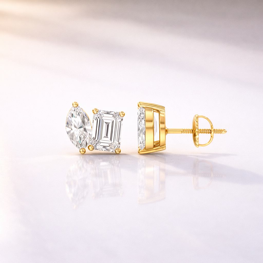 Stylish Toi Et Moi Earrings With Marquise And Emerald Cut Diamonds Or Moissanite
