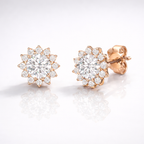 Customizable Round Cut Diamond Earrings In A Halo Setting With Gold Prongs