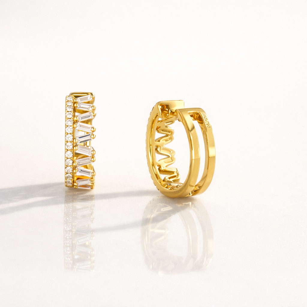 Elegant Diamond Hoop Earrings With Baguette And Round Cuts
