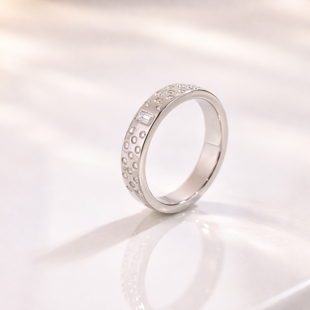 Modern Mens Wedding Band With Baguette Diamond And Round Accent Stones
