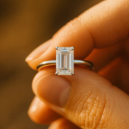 Minimalist Female Engagement Ring Emerald Cut Moissanite Solitaire With Polished Gold Band