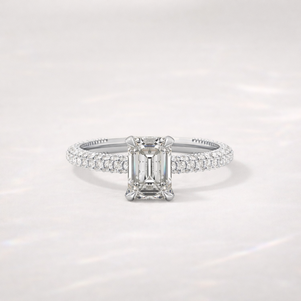 Moissanite Engagement Ring With Emerald Cut And 4 Claw Prong Setting
