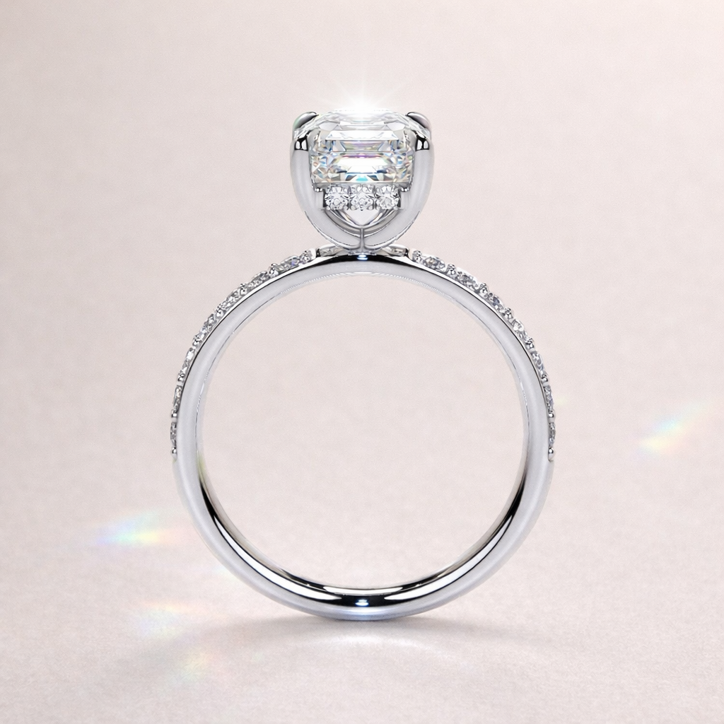 White Gold Hidden Halo Engagement Ring With Pave Diamond Ring Band
