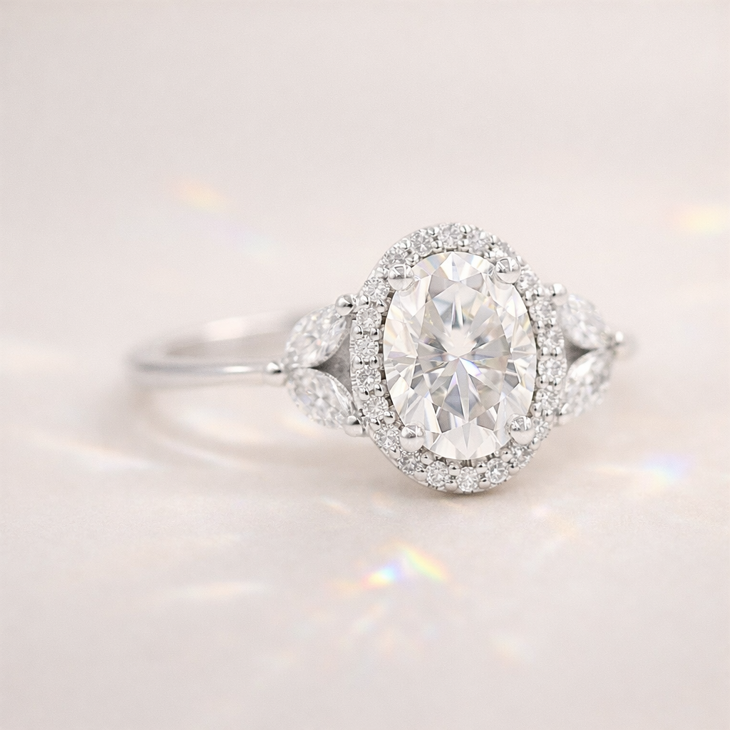 Oval Cut Center Stone Nature Inspired Engagement Ring Yellow Gold White Gold.
