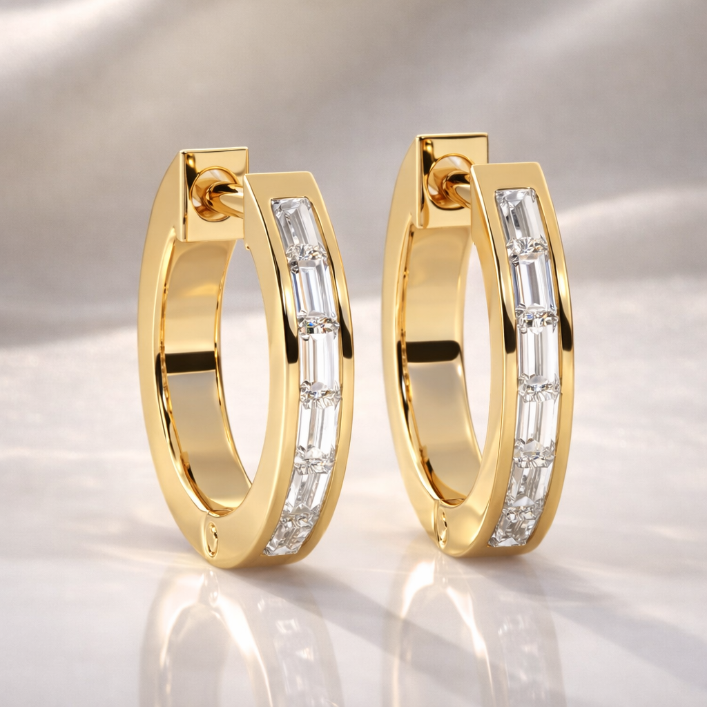 Rose Gold Earrings Baguette Cut Moissanite Earrings Hoop Earring
