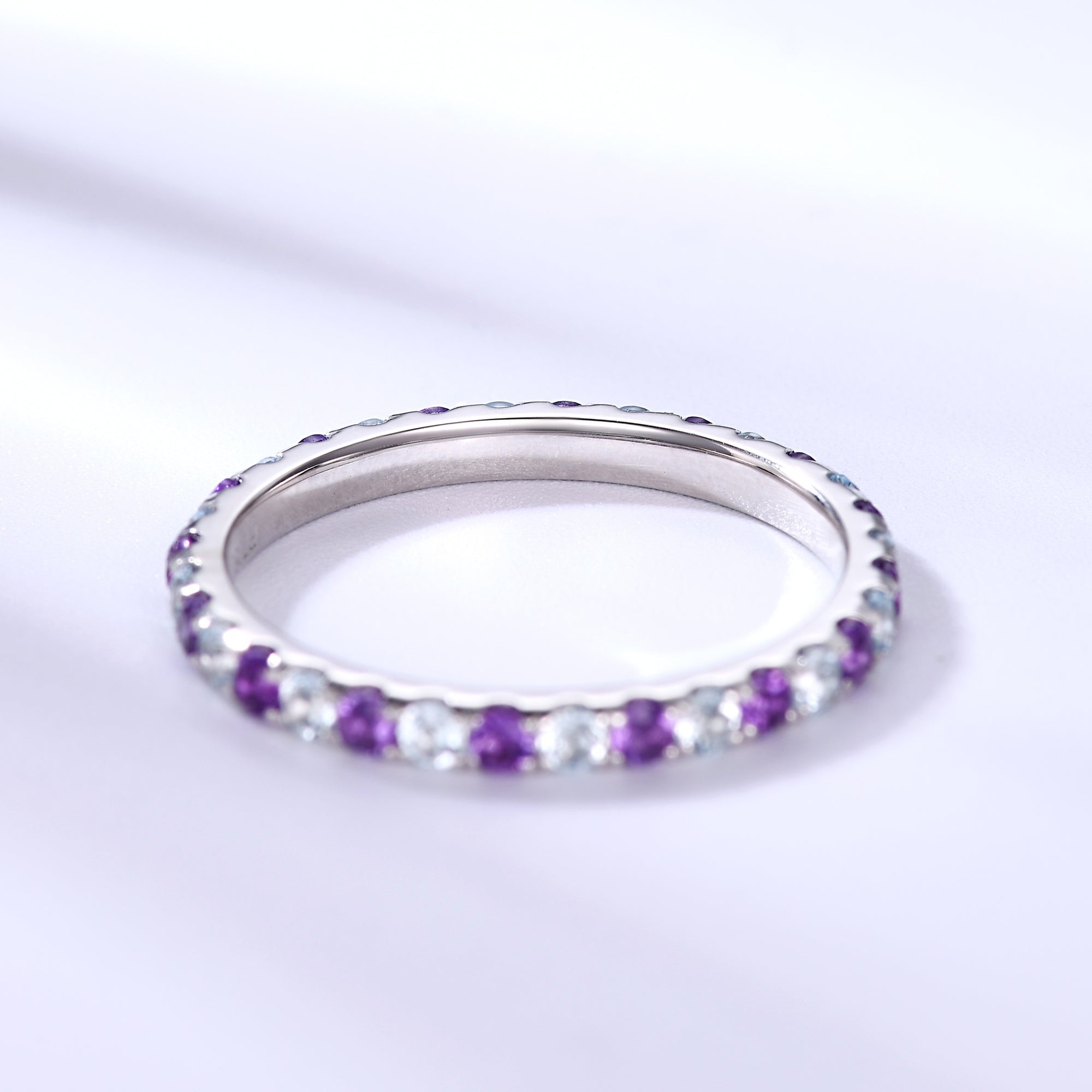 Women's Eternity Wedding Band Amethyst Round Cut Diamond White Gold Prong Setting.
