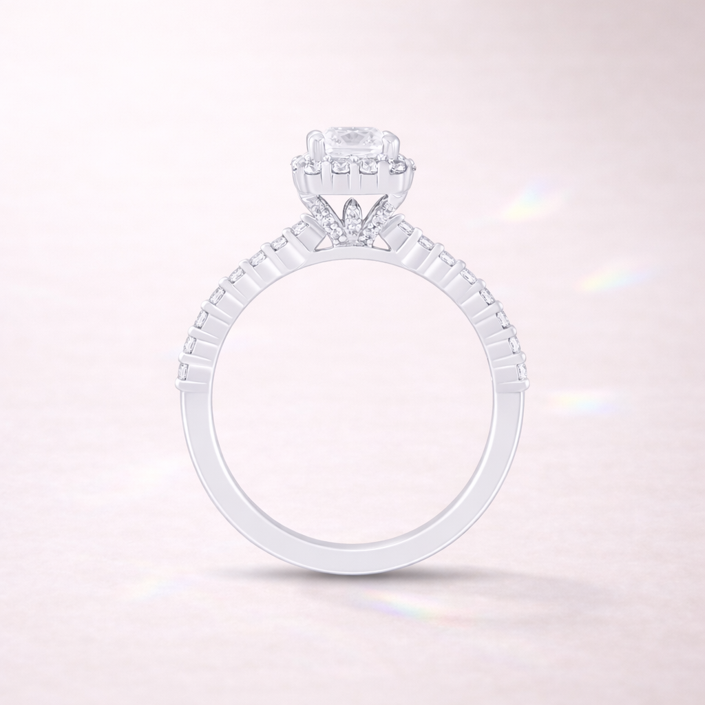 White Gold Emerald Cut Engagement Ring With Pave Band
