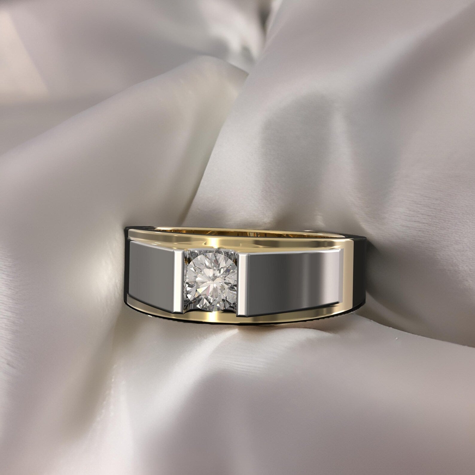 Two Tone Design Mens Wedding Band With Yellow Gold Edges And White Gold Panels