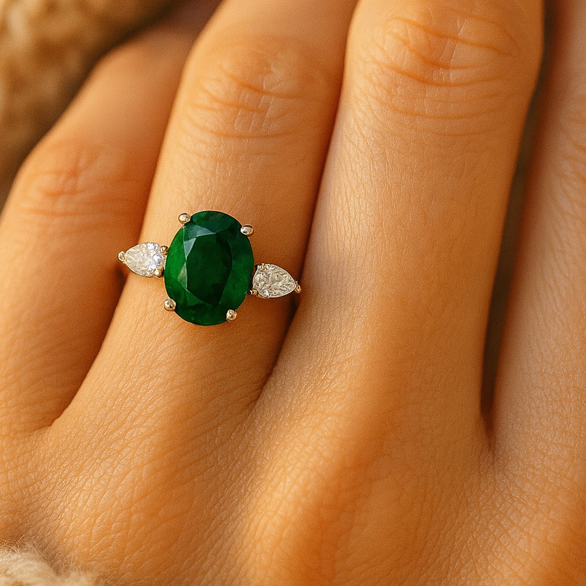 May Birthstone Jewelry, Green Oval Cut Gemstone Ring With Elegant Prong Setting In Precious Metal